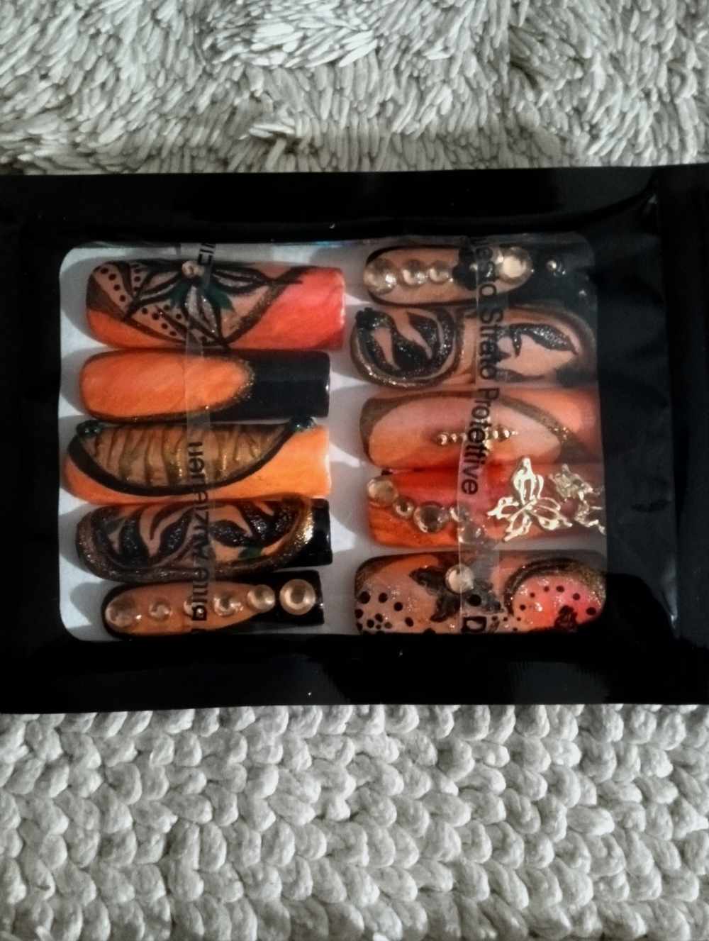 Orange & Black Press-On Nail Set with Gold Accents